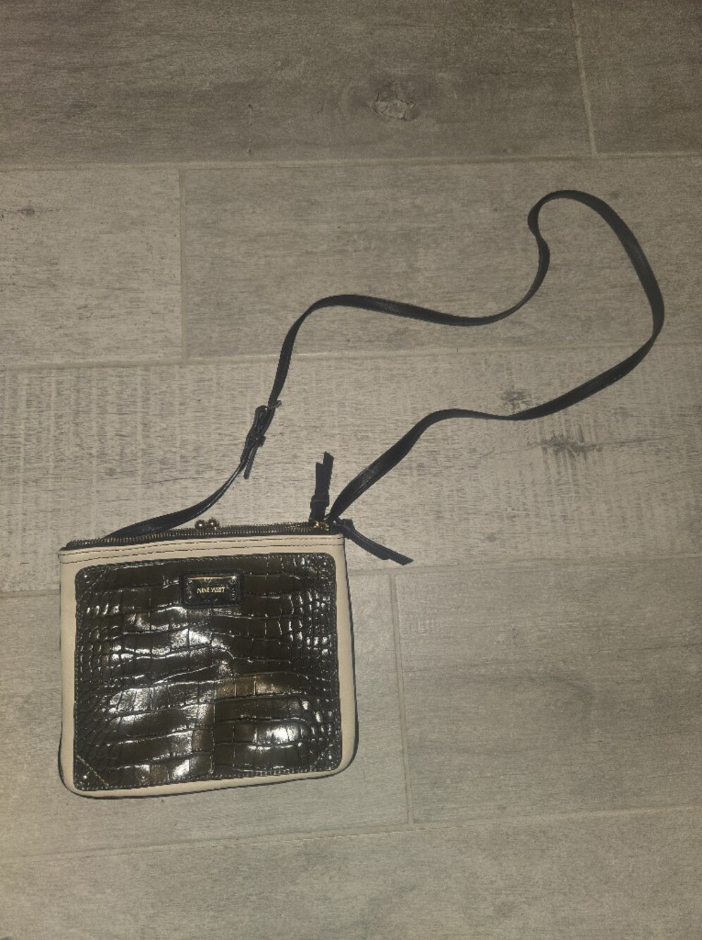Nine West Black Croc-Embossed Crossbody with Cream Trim